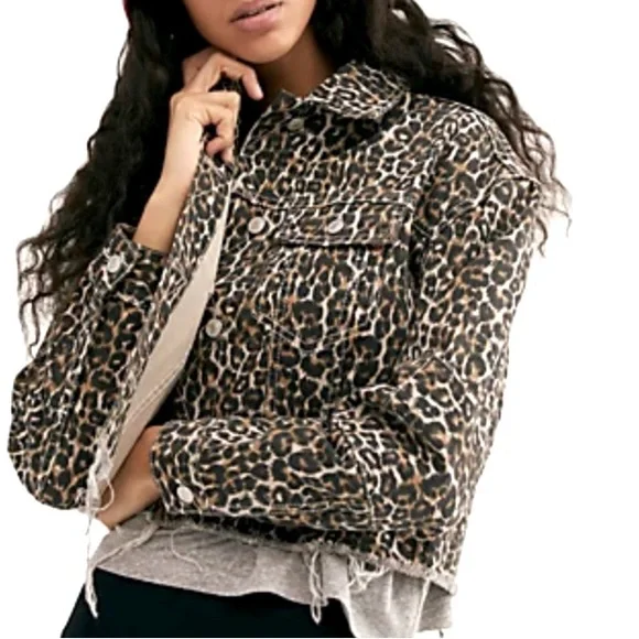 #283 Free People Cheetah Print Denim Jacket size XS - Picture 1 of 13